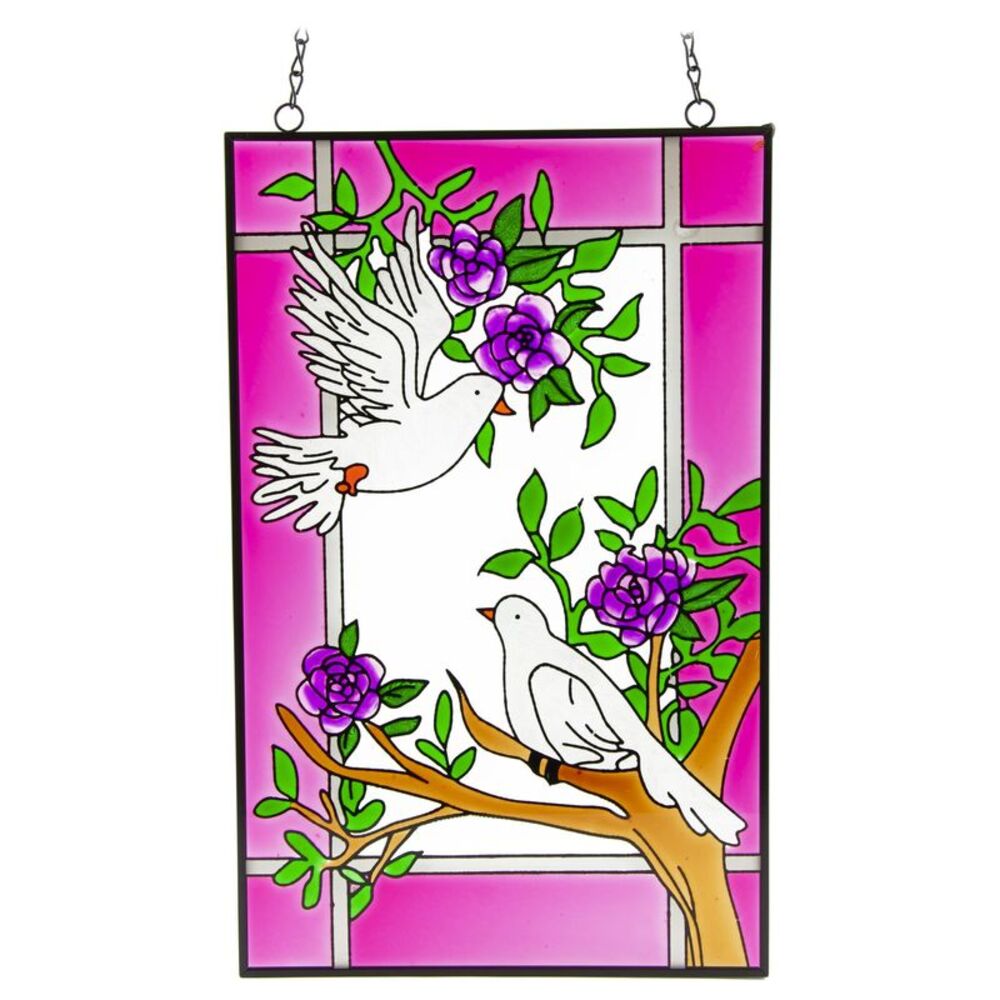 Doves in Rose Bushes Glass Hanging Suncatcher 16" x 10"